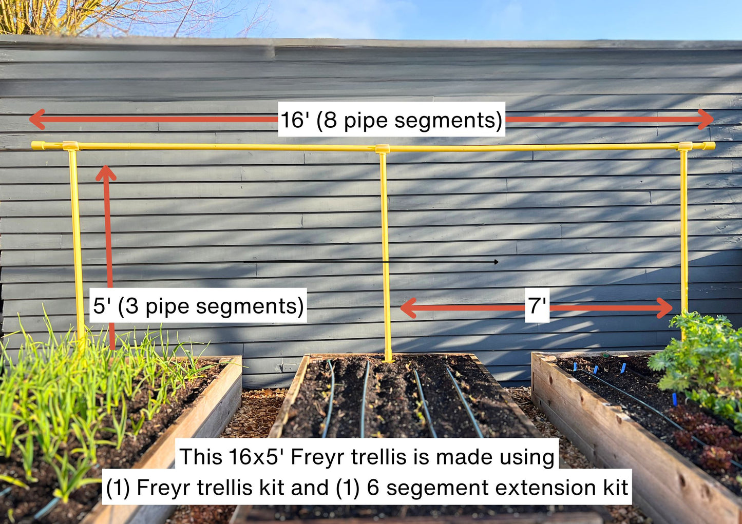 Adjustable and expandable Freyr garden  trellis extension kit example setup