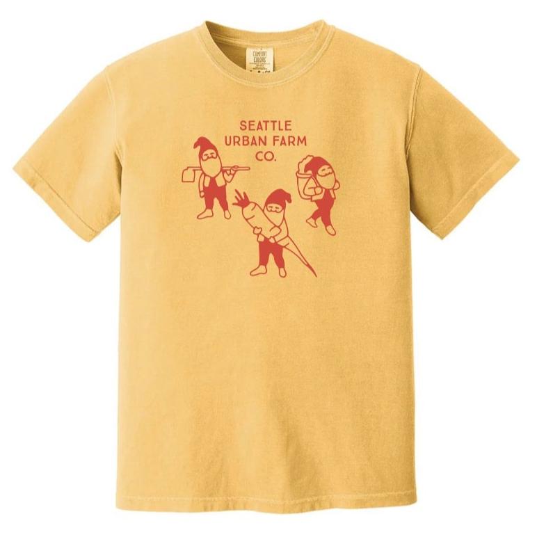 Seattle Urban Farm Co mustard yellow garden gnome t shirt