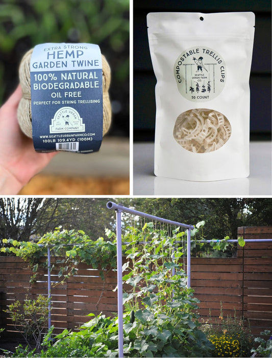 Freyr string trellising kit with hemp twine and compostable trellis clips. Everything you need to grow a vertical garden.