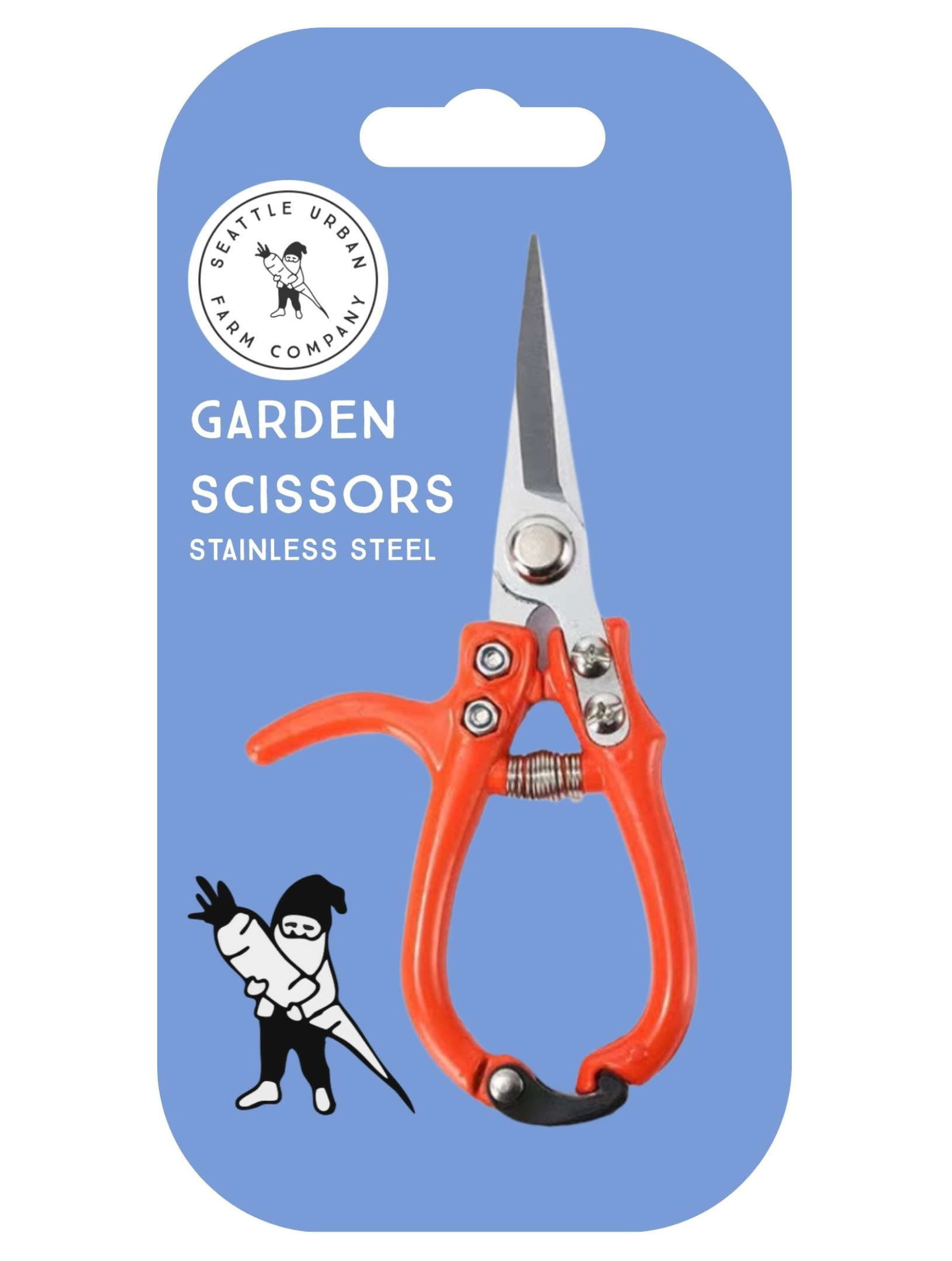 Garden scissors with red handles on a blue packaging background