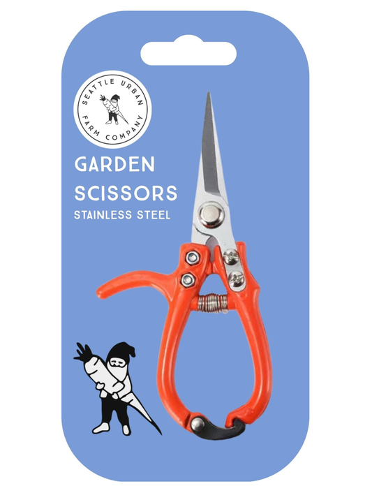 Garden scissors with red handles on a blue packaging background
